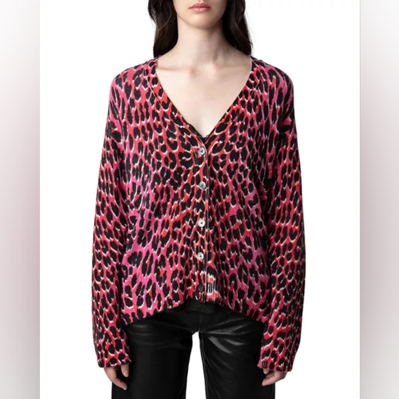 ZADIG & VOLTAIRE "Mirka" Leopard Print CASHMERE Cardigan -Pink Black - Size M   - Picture 1 of 15